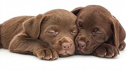 Two chocolate Labrador puppies sleeping soundly together on white background, perfect for pet adoption campaigns