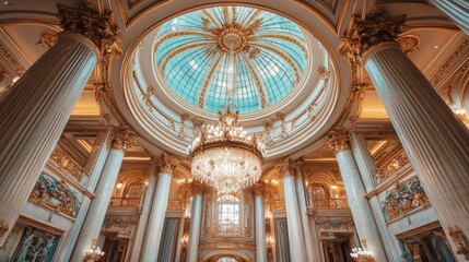 Fototapeta premium Grandiose Interior: Gilded Columns, Crystal Chandelier, and a Stunning Glass Dome