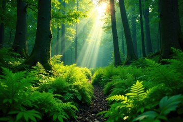 Fototapeta premium Dense undergrowth of ferns and shrubs with sunlight filtering through, greenery, undergrowth, alaskan valley