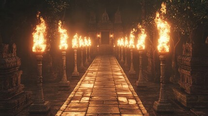 Lit Torches Illuminate a Stone Path Leading to a Temple Entrance