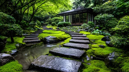 Fototapete Serene Japanese garden path, moss, stream. Peaceful zen retreat © MAKASIHMAS SIDNEY