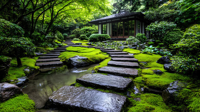 Serene Japanese garden path, moss, stream. Peaceful zen retreat