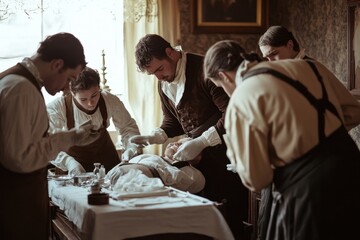 Historical depiction of a measles outbreak in the 1800s, old-fashioned medical treatments, vintage setting