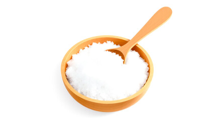 white crystalline salt in a wooden bowl with a wooden spoon