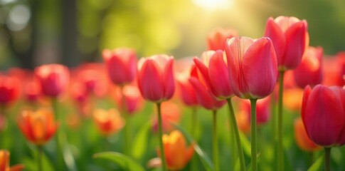 Vibrant tulips blooming in a lush spring meadow, orange, yellow