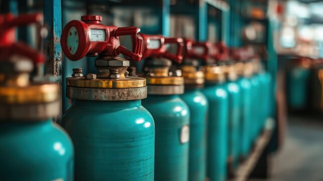 A row of tanks with red valves and measuring gauges