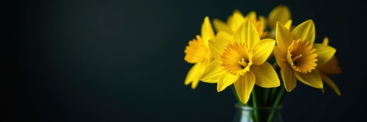 Obraz premium Vibrant yellow daffodils, clustered in a glass vase, dark backdrop , blossom, spring flowers