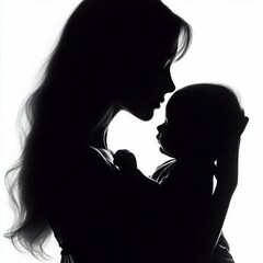 Silhouette of a woman mother with a baby in her arms on a white background