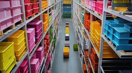 Colorful Storage Aisle with Bright Plastic Bins and Shelving Units