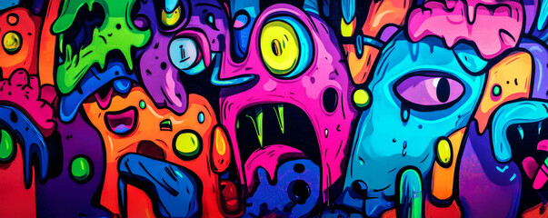 Vibrant urban graffiti featuring colorful, abstract monster faces in neon hues