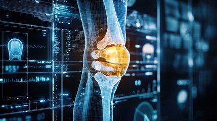 Digital human knee joint over data interface, signifying medical innovation. Ideal for orthopedics, biotech research, healthcare tech, and anatomy studies.