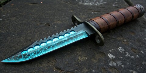 Unique decorative knife with a vibrant blue blade displayed on a textured stone surface in natural light