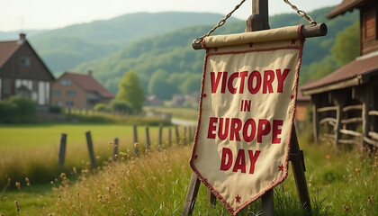 Victory in Europe Day banner on a wooden stand in a rural European village with green hills in the background on a sunny morning, featuring weathered wood, faded colors, and realistic fabric folds
