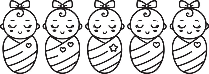 Sleeping baby vector illustration icons set. Newborn sleepy kids icon in flat outline and editable stroke line art.