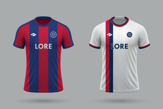 3d realistic soccer home and away jersey in style, football kit template