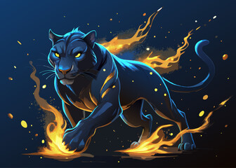 Mystical Blue Panther with Glowing Eyes – Fantasy Digital Art in Cosmic Night Sky with Ethereal Energy and Neon Accents © Najmul Design Hub
