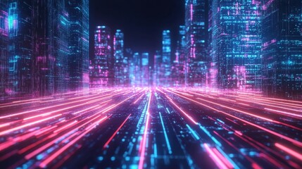 Fototapeta premium Neon glowing digital lines, futuristic cyber aesthetics, high-tech background,