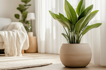 A bright, modern corner with a bird of paradise plant in a large ceramic pot, placed on a wooden floor with natural sunlight