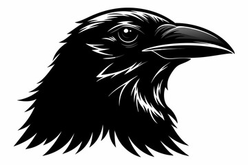 Detailed Raven Head Illustration – Black and White Woodcut Style Close-Up with Sharp Beak and Intense Eye
