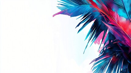 Vibrant palm leaves, tropical design, white background, summer banner