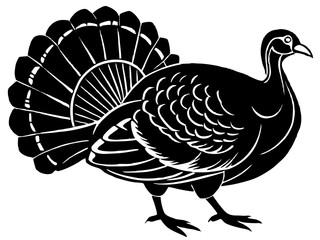 Black and White Turkey Silhouette – Stylized Folk Art Bird with Detailed Feather Pattern and Bold Graphic Design