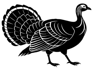 Black and White Turkey Silhouette – Stylized Folk Art Bird with Detailed Feather Pattern and Bold Graphic Design