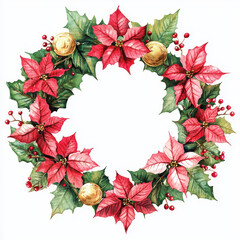 Obraz premium festive floral wreath featuring vibrant red poinsettias, green leaves, and golden bells, perfect for holiday decorations and celebrations