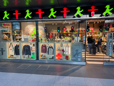 Berlin, Germany - Februari 20, 2025: German Ampelmann (''little traffic light man'') souvenir shop.
