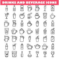 Drinks and Beverage Icons Coffee, Tea, Juice, Cocktails, Bottles