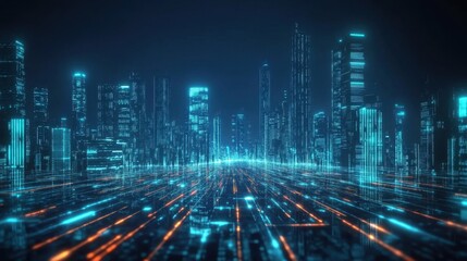 Fototapeta premium Smart city AI network, futuristic digital connection, urban technology, glowing roads and data streams,