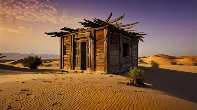 Abandoned wooden shack in the desert at sunset, surrounded by golden sand dunes and sparse vegetation. A cinematic scene perfect for themes of solitude, survival, and mystery.