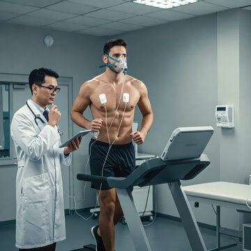 Medical Fitness Assessment: An athlete undergoes a comprehensive medical fitness assessment on a treadmill under the watchful eye of a doctor in a modern clinic.