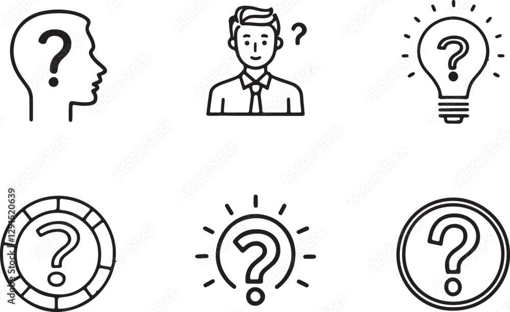 Poster variant style question mark vector illustration icons set. thinking icon in flat outline and editabl