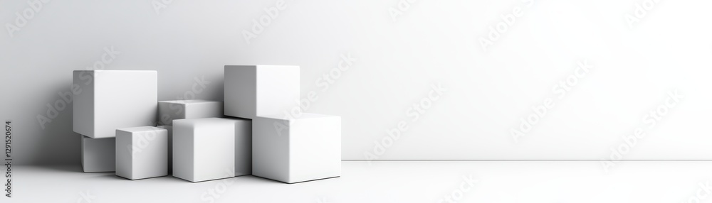 Aufkleber three white boxes stacked vertically with a blank photo area on top and plain background
