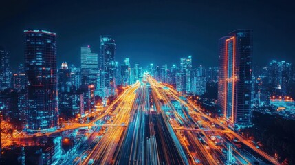 Fototapeta premium Smart city digital transformation, futuristic AI-powered infrastructure, glowing roads and buildings,