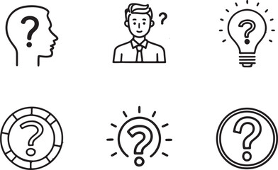 Variant style question mark vector illustration icons set. Thinking icon in flat outline and editable stroke line art.
