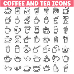 Coffee and Tea Icons Beverages, Cups, Pots, and Brewing