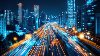 Smart city digital transformation, futuristic AI-powered infrastructure, glowing roads and buildings,