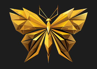 Golden Geometric Butterfly – Metallic Origami-Inspired 3D Render with Low Poly Faceted Design on Dark Background