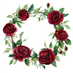 luxurious floral wreath featuring deep red roses and green leaves, perfect for adding elegance to any design project. This watercolor illustration captures beauty of nature