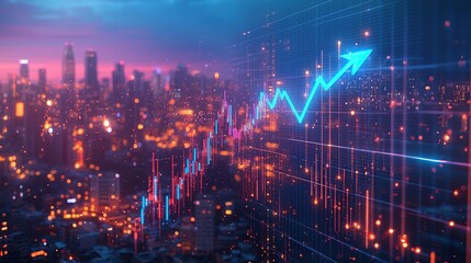 Fototapeta premium Financial growth represented by a dynamic upward trend in a futuristic city during twilight