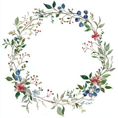 beautiful floral wreath featuring delicate watercolor flowers and leaves, perfect for invitations or decor. arrangement includes various colors and textures, creating harmonious design