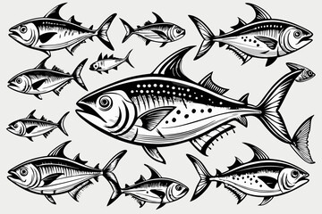 School of Fish – Black and White Hand-Drawn Marine Life Pattern in Nautical Line Art Style