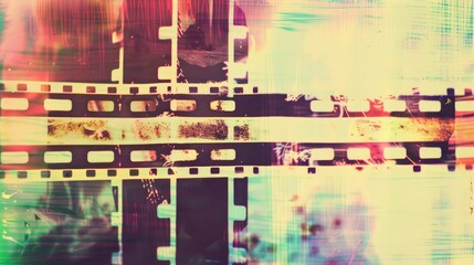 Distressed vintage film strip experimental glitch effect, sepia colors and colorful light leaks for creative media background