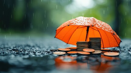Financial protection under an umbrella with coins during a rainy day in a tranquil setting