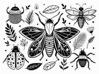 Intricate Bee and Floral Design – Black and White Botanical Line Art with Zentangle-Inspired Details