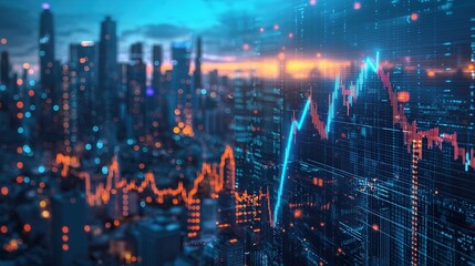Fototapeta premium Financial market data visualizations overlayed on a vibrant city skyline at dusk