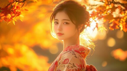 autumn beauty japanese woman kimono portrait