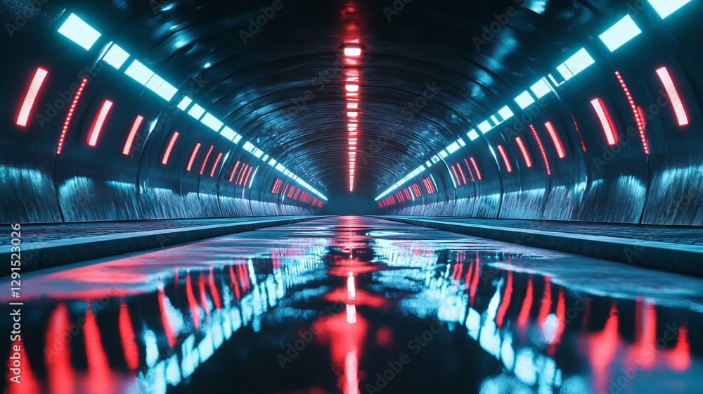 Aufkleber 3d rendering of a curved tunnel with led lights on the ceiling reflecting in puddles on a wet dark s