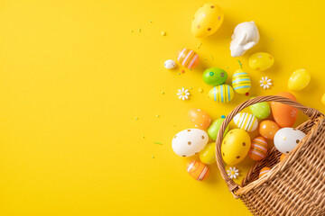 Easter eggs and a white rabbit figurine arranged with a wicker basket on a vibrant yellow...